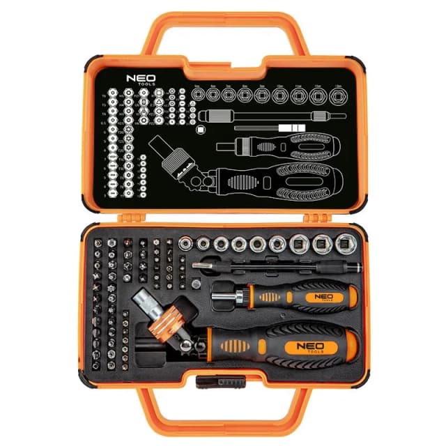Набір біт з бітотримачем Neo Tools, 1/4", 55 біт, 9 торцевих головок 69шт