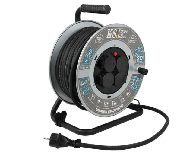 Подовжувач мережевий Konner&Sohnen KS CRM-30M, 30м, 4xТипF, 16A, на котушці, чорний