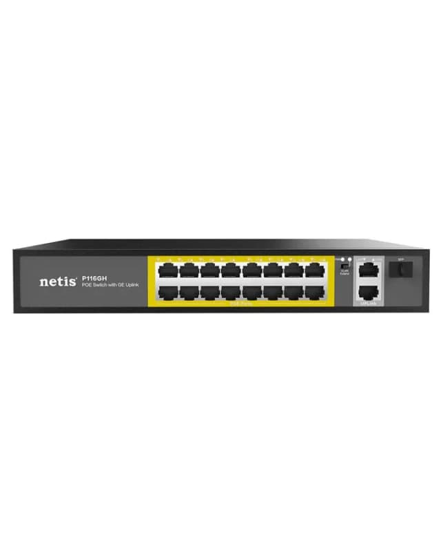 Комутатор Netis P116GH 16xFE PoE, 3xGE (2xUplink, 1xSFP), 240Вт, Некерований