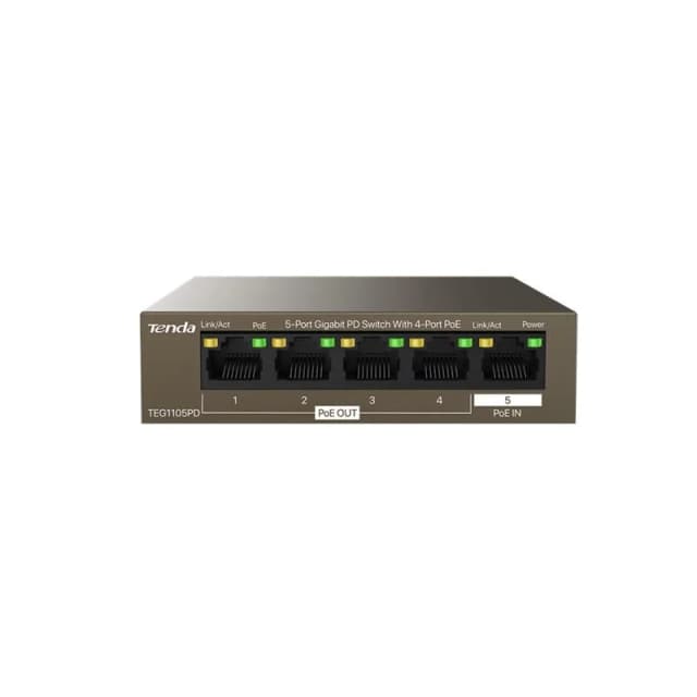 Комутатор TENDA TEG1105PD 5xGE (4xPoE PSE, 1xPoE PD), 30Вт, Некерований