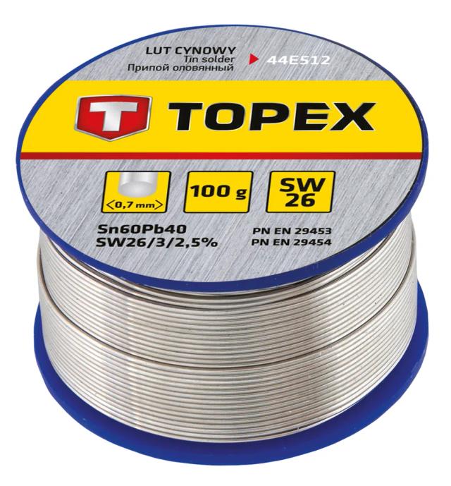 Припій олов'яний TOPEX Sn60Pb40 флюс SW26 дріт 0.7мм 100гр