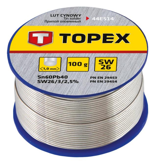 Припій олов'яний TOPEX Sn60Pb40 флюс SW26 дріт 1мм 100гр