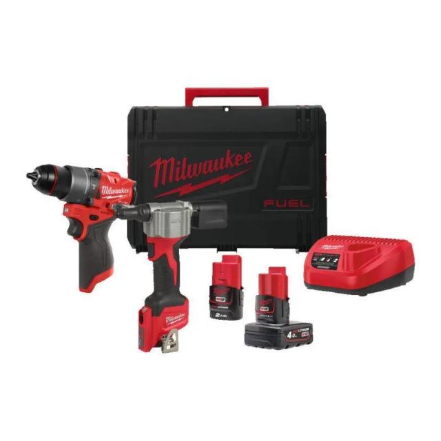 Набір із двох акумуляторних інструментів Milwaukee M12 FPP2D2-422X FUEL POWER PACK IN2 шурупокрут-дриль M12 FPD2 заклепочник акумуляторний M12 BPRT акб 1х2А·год 1х4А·год кейс