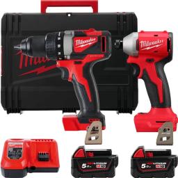 Набір із двох акумуляторних інструментів Milwaukee M18 BLPP2A3-502X 18В шурупокрут-дриль M18 BLPD2 гвинтоверт ударний M18 BLIDR акб М18 2х5А·год ЗП M12-18FC кейс