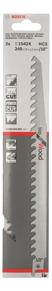Полотно пиляльне для шабельної пилки Bosch Professional по дереву, S 1542 K, 3TPI, 2шт