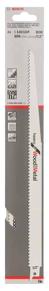 Полотно пиляльне для шабельної пилки Bosch Professional по дереву та металу, S 1411 DF, 6TPI, 2шт
