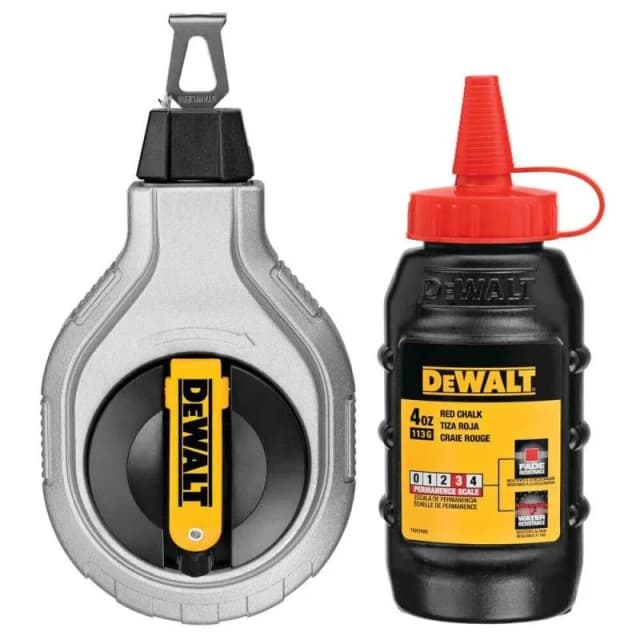 Шнур розмічальний DeWALT, 30м, фіксація шнура, підвісний рівень та крейда