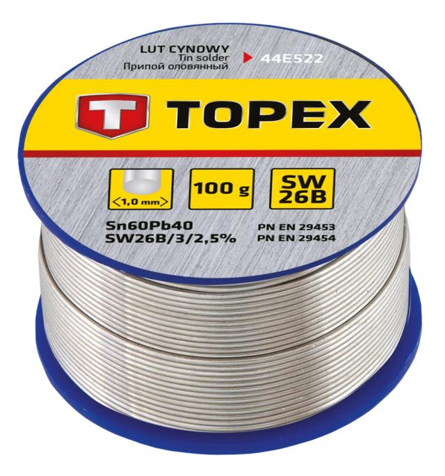 Припій олов’яний TOPEX Sn60Pb40 флюс SW26B дріт 1мм 100гр