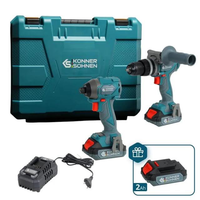 Набір із двох акумуляторних інструментів Konner&Sohnen KS IDISD 20V SET 2 PLUS 20В шурупокрут-дриль ударний, гвинтоверт ударний KS ISD20V-260-4, ЗП 2А акб 2х2А·год кейс 6кг
