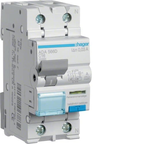 Дифавтомат 1P+N, 16A, B, 30mA, 10kA, A, Hager ADA566D
