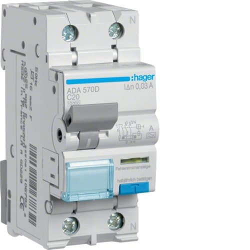 Дифавтомат 1P+N, 20A, B, 30mA, 10kA, A, Hager ADA570D