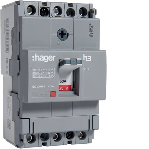 Автоматичний вимикач x160, In=50А, 3п, 18kA, Тфікс./Мфікс. Hager HDA050L