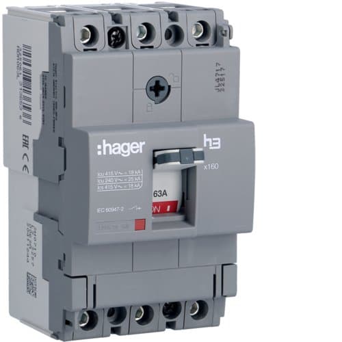 Автоматичний вимикач x160, In=63А, 3п, 18kA, Тфікс./Мфікс. Hager HDA063L