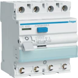 Диференційне реле 4P, 25А, 30mA, A, Quick Connect, Hager CDS425D