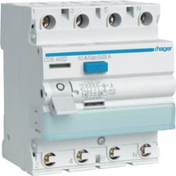 Диференційне реле 4P, 63А, 30mA, A, Quick Connect, Hager CDS463D