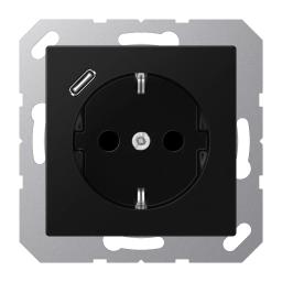 Розетка SCHUKO з USB тип C, JUNG A1520-18CSWM, чорний матовий