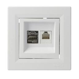 Розетка телефонна та Комп ютерна RJ45+RJ12 кат.5е. подвійна біла Asfora, EPH4900121