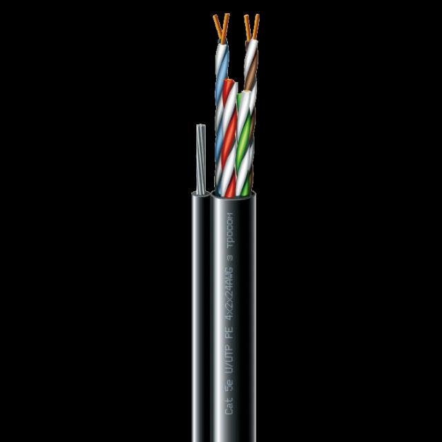 Кабель кручена пара ЗЗКМ (UTP мідь вуличний з тросом) Cat. 5e U/UTP РЕ steel cord 4x2x24 AWG (k) трос (70910181) бухта 305м