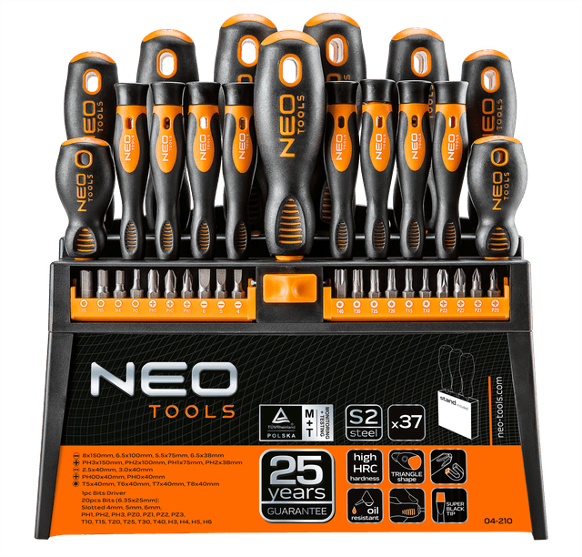 Викрутки Neo Tools, 20 біт, SL,PH,PZ,Torx,H, сталь S2, з підставкою, набір 37шт