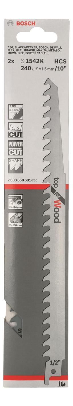 Полотно пиляльне для шабельної пилки Bosch Professional по дереву, S 1542 K, 3TPI, 2шт