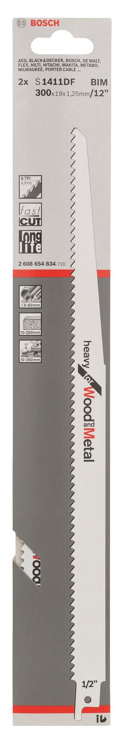 Полотно пиляльне для шабельної пилки Bosch Professional по дереву та металу, S 1411 DF, 6TPI, 2шт
