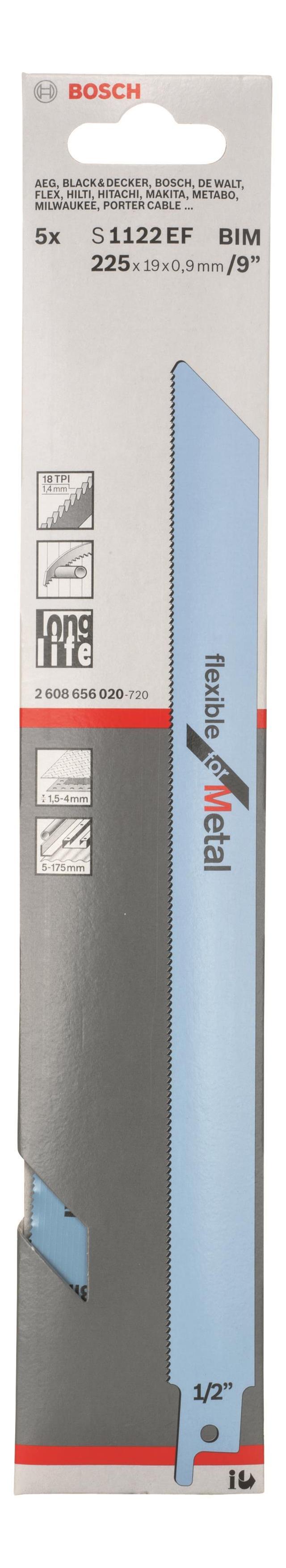 Полотно пиляльне для шабельної пилки Bosch Professional по металу, S 1122 EF, 18TPI, 5шт