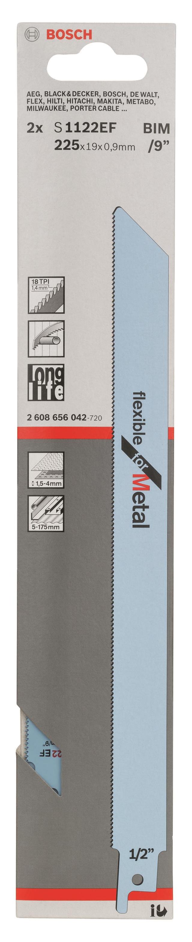 Полотно пиляльне для шабельної пилки Bosch Professional по металу, S 1122 EF, 18TPI, 2шт