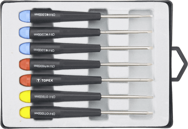 Викрутки TOPEX прецизійні, SL,PH,Torx, сталь CrV, набір 7шт