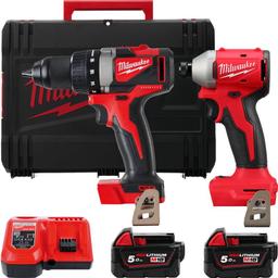 Набір із двох акумуляторних інструментів Milwaukee M18 BLPP2A3-502X 18В шурупокрут-дриль M18 BLPD2 гвинтоверт ударний M18 BLIDR акб М18 2х5А·год ЗП M12-18FC кейс