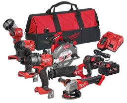 Набір із шести акумуляторних інструментів Milwaukee M18 FPP6G3-502B 18В шурупокрут-дриль M18 FPD3 гвинтоверт ударний M18 FID3 кутова шліфувальна машина M18 FSAG125X пила дискова M18 CCS55 пилка шабельна M18 FSZ ліхтар M18 TLED-0 акб М18 2х5А·год ЗП M12-18FC TURBO сумка