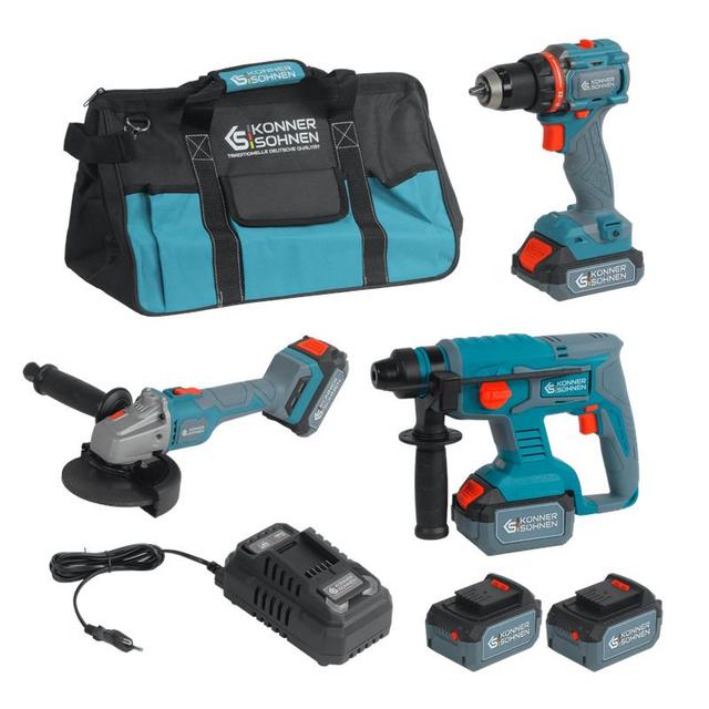 Набір із трьох акумуляторних інструментів Konner&Sohnen KS RHAGD 20V SET 3 20В дриль, шліфмашина кутова, перфоратор, швидкий ЗП 4.5А акб 2х4А·год сумка 7.5кг