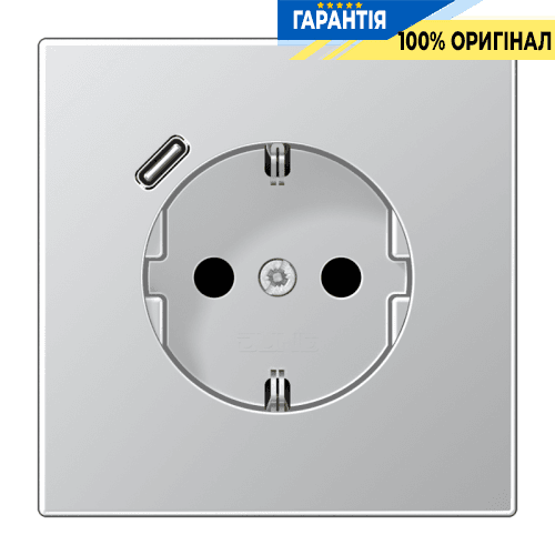 Розетка з заземленням, захисними шторками та USB тип C (швидка зарядка) JUNG AL1520-18C алюміній