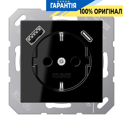 Розетка SCHUKO з USB тип AC, JUNG A1520-15CASW, чорний колір