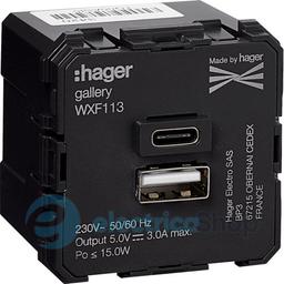 Механізм розетки 1xUSB-A, 1xUSB-C, 3А, Lumina/Gallery, Hager WXF113