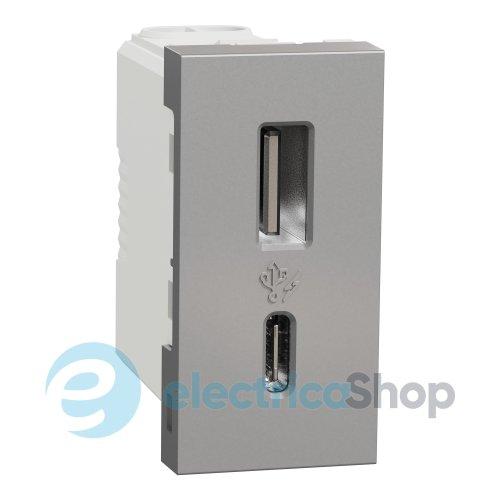 Розетка USB тип A+C, 12 Вт, 1 модуль, New Unica NU301630 (Schneider Electric) алюміній