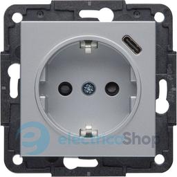 Розетка із з/к та USB-роз’ємом типу C (5V, 2.4A, 12Вт) Hager Lumina WL4852 срібло