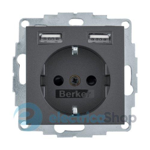 Розетка з з/к 16А/250В + 2хUSB/2.4A, антрацит S.1