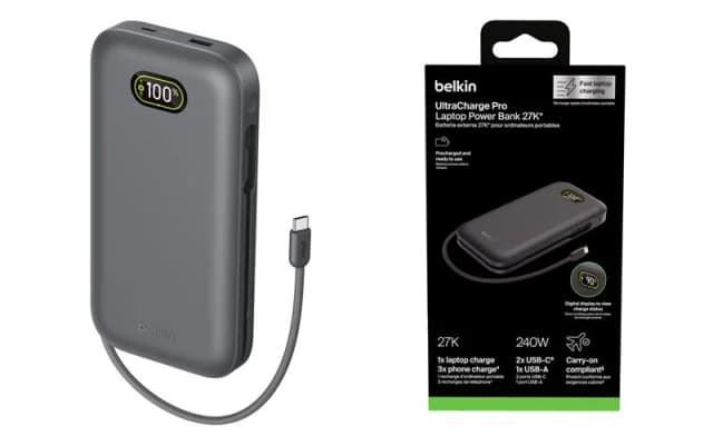 Акумулятор портативний літій-іонний Power Bank Belkin 27000мА·год, 240Вт, з інтегрованим кабелем USB-C, сірий