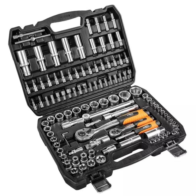 Набір інструментів Neo Tools, набір торцевих головок, 1/2", 1/4", CrV, кейс, 108шт