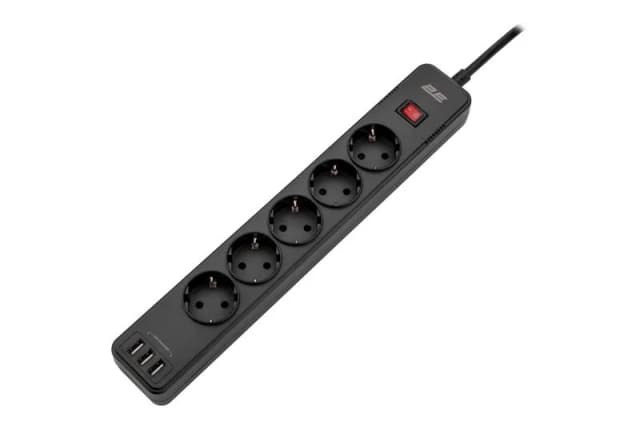 Подовжувач мережевий 2E 2м, 5xТипF, 16A, 3xUSB-A, фільтр, чорний
