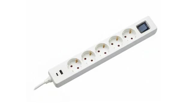 Подовжувач мережевий 2E 3м, 5xТипF, 16A, 1xUSB-A,1xUSB-C, фільтр, білий
