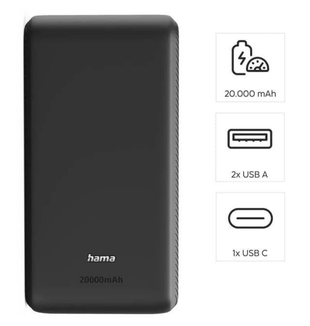 Акумулятор портативний літій-іонний Power Bank Hama 20000 мА·год, USB-C/2xUSB-A, anthracite