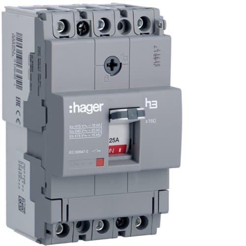 Автоматичний вимикач x160, In=25А, 3п, 18kA, Тфікс./Мфікс. Hager HDA025L