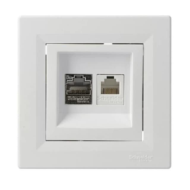 Розетка телефонна та Комп ютерна RJ45+RJ12 кат.5е. подвійна біла Asfora, EPH4900121